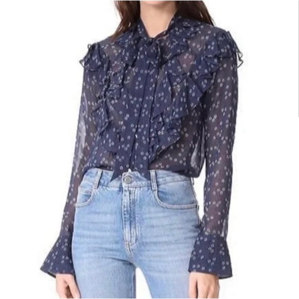 Veronica Beard Navy Floral Ruffle Tie-Neck Blouse